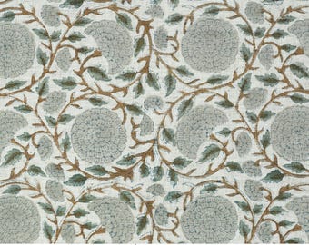 May include: A piece of viscose linen fabric featuring a repeating floral pattern with light gray circular flower heads and brown vine-like stems with green leaves on an off-white background. The text reads PRINT NAME - KARWACHAUTH FABRIC - VISCOSE LINEN 58" WIDE.