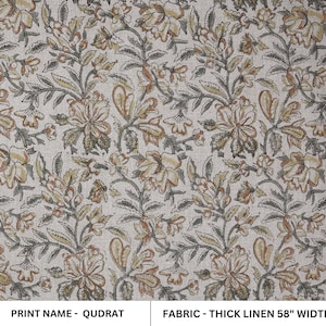 Tessuto di lino spesso largo 58 pollici / Tessuto con stampa floreale a blocchi beige e gialla / Materiale per tende, fodere per cuscini e decorazioni per la casa in stile indiano - Qudrat