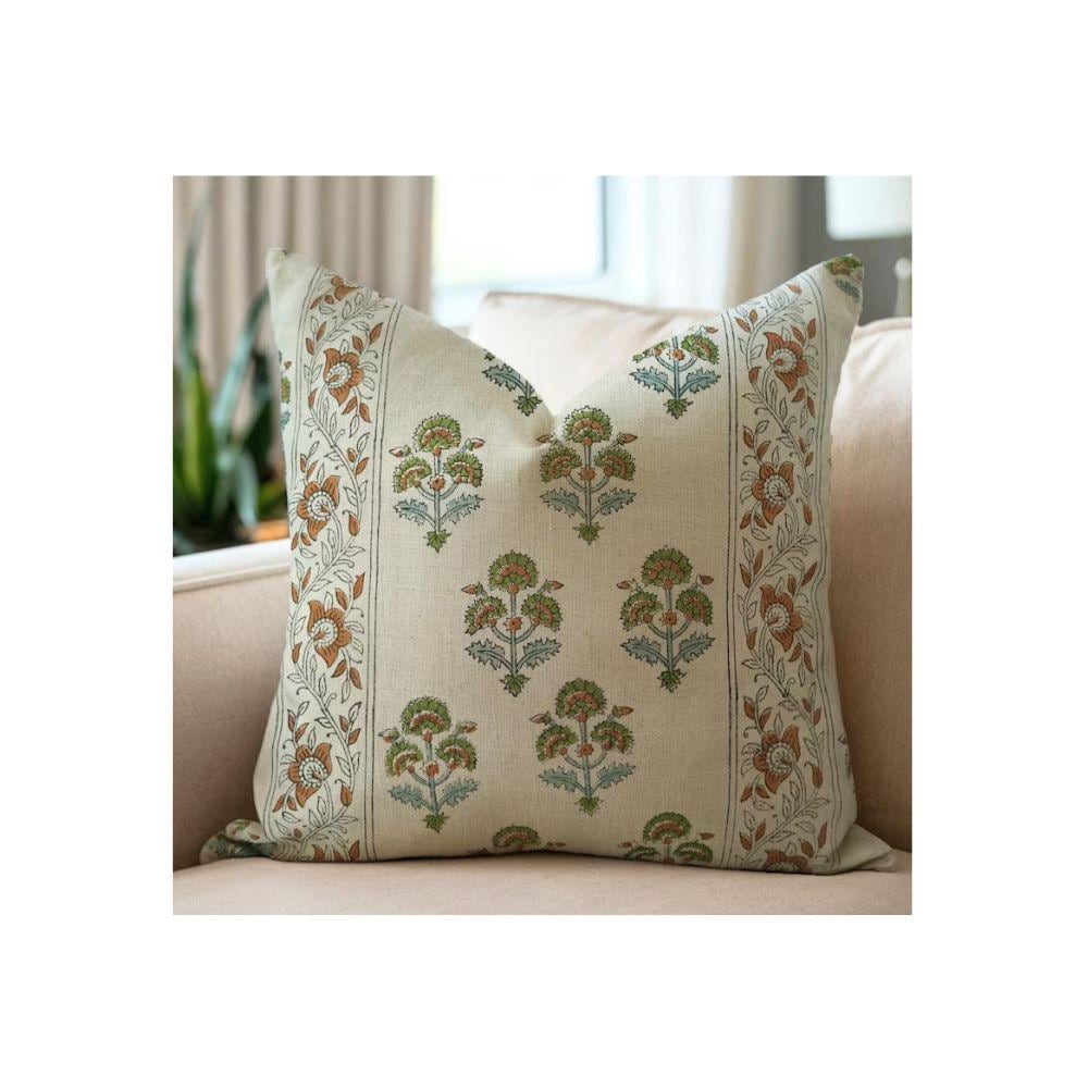 Block print cushion cover, designer floral pillow cover, printed handmade couch cushion, pure linen Indian fabric - TRAFFIC LIGHT BORDER