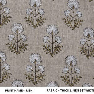 Block Print Thick Linen 58" Wide, Natural Fabric, Floral, Indian Cushion Cover, White Floral, decorative pillow - Rishi