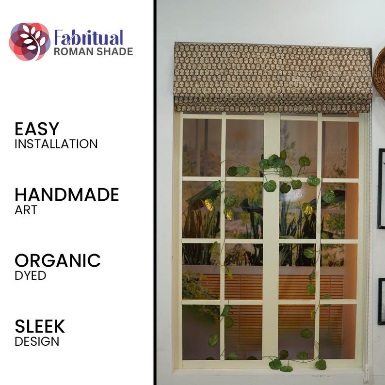 Roman Shade Block Print Linen Window Kitchen Treatments Blackout/white