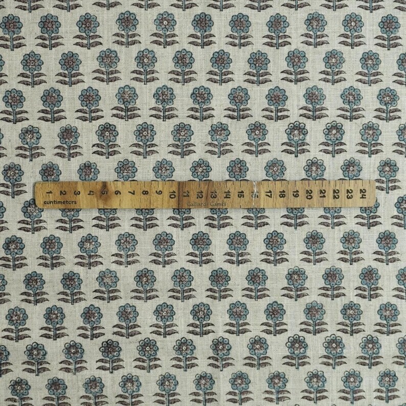 Teal blue with brown floral block print hand block print fabric, Indian block print, fabric for curtain, tablecloth, viscose linen - ANAMIKA image 6