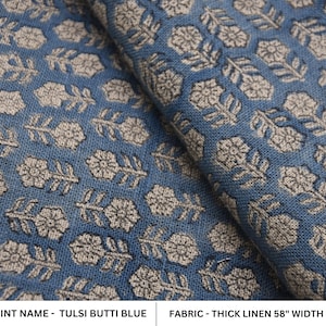 Block Print Thick Linen 58" Wide, handblock floral curtains, Indian fabric Cushion Cover, Blue color linen - Tusli Butti