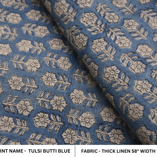 Block Print Thick Linen 58" Wide, handblock floral curtains, Indian fabric Cushion Cover, Blue color linen - Tusli Butti