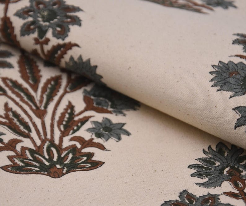 Thick Cotton Block Print Fabric 44 Inch Width Medium Weight Beige Base Color Curtains and Drapes  Bedding Tote Bag Lampshades Napkins by Fabritual