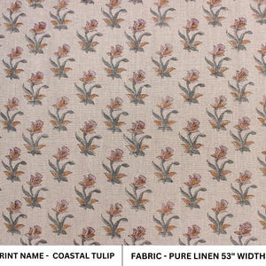 Floral printed pure  linen, Indian handmade fabric for napkins and boho pillows, Pure linen block print fabric, floral Indian design for farmhouse interiors, Indian floral art block printed on pure linen for napkin and pillow sets