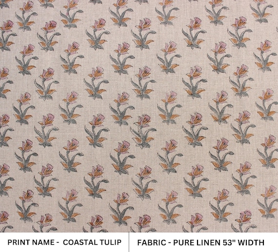 Pure linen 58" wide, indian cushion cover, handmade floral block print, decorative curtain, table cover - COASTAL TULIP