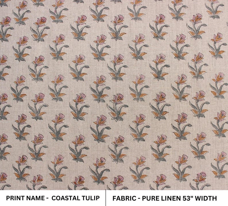 Floral printed pure  linen, Indian handmade fabric for napkins and boho pillows, Pure linen block print fabric, floral Indian design for farmhouse interiors, Indian floral art block printed on pure linen for napkin and pillow sets