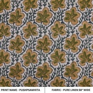 Block print pure linen 58&quot; wide window curtains boho upholstery fabric pillow cover tablecloth and lamp shade - PUSHP SAMHITA
