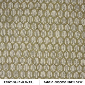 May include: Close-up of Sangmarmar printed viscose linen fabric. The fabric has a repeating pattern of white leaf-like shapes on a muted olive-green background. The fabric is 58 inches wide.