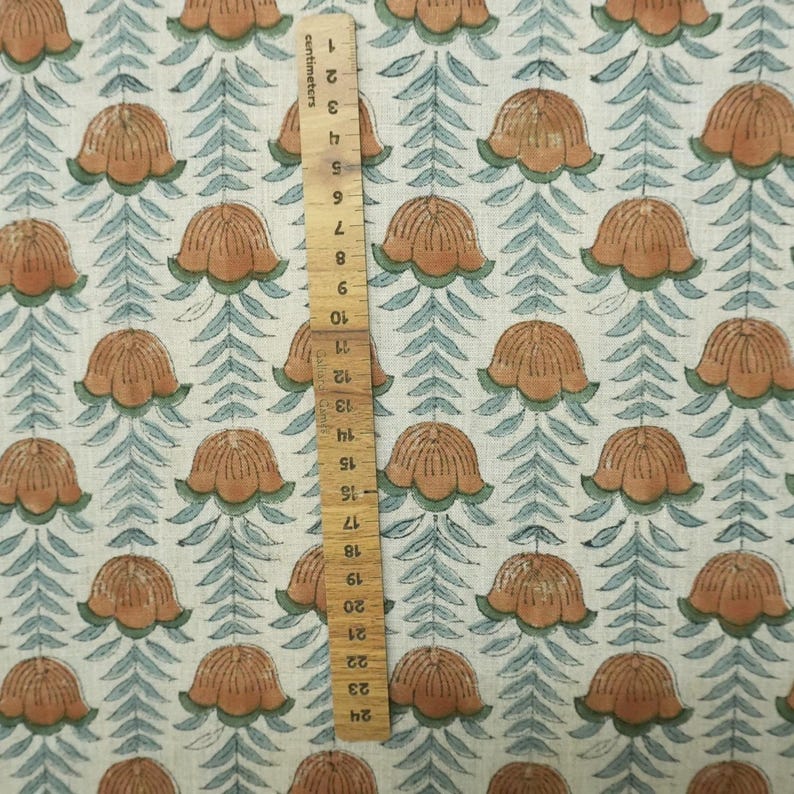 Block Print Fabric 58 Inch Width Light Weight Viscose Linen Natural Base Color and Floral Print Curtains and Drapes Pillow Covers Tablecloths and Runners Bedding Tote Bag Lampshades by Fabritual