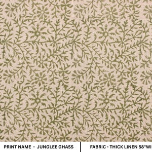 JUNGLEE GHASS LINEN - Olive Green Indian Hand Block Printed Fabric, Linen Block Print Pillow Cover
