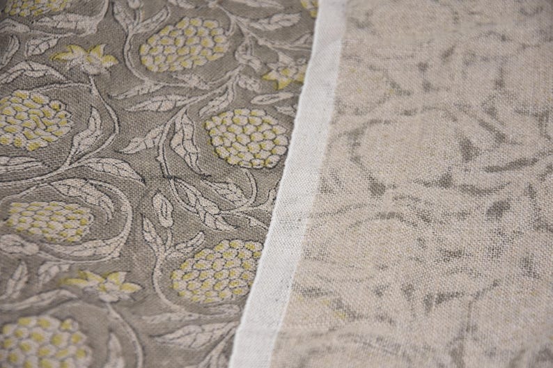 Thick Linen 58" Wide Block Print Fabric, Indian Cushion Cover, Throw Pillow cover, Floral Print, Upholstery fabric print - Meraki Yellow image 2
