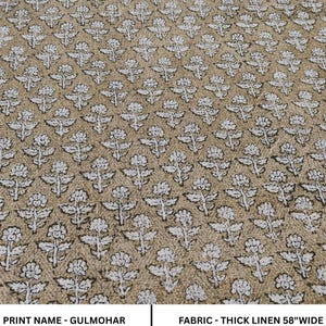 Linen Block Print Fabric 58 Inch Width Heavy Weight Linen Natural Base Color Curtains and Drapes Upholstery Handmade Art Pillow Covers Tablecloths and Runners Bedding Tote Bag Lampshades Napkins by Fabritual