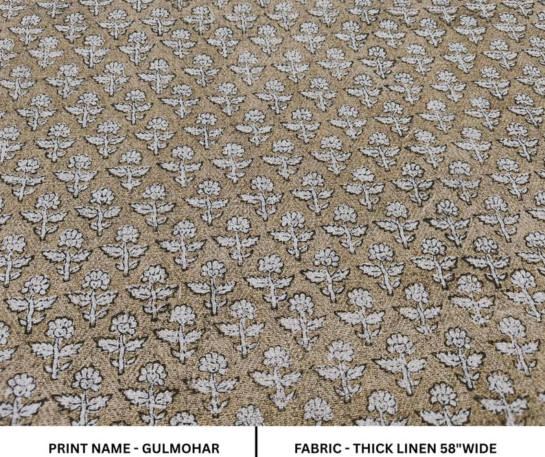 Linen Block Print Fabric 58 Inch Width Heavy Weight Linen Natural Base Color Curtains and Drapes Upholstery Handmade Art Pillow Covers Tablecloths and Runners Bedding Tote Bag Lampshades Napkins by Fabritual