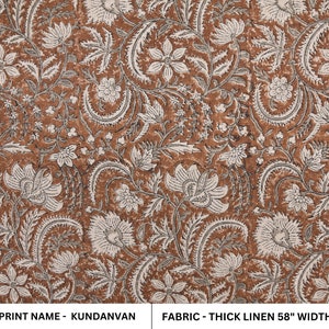 Thick Linen 58" Wide, Handmade Natural Fabric Brown Floral Print, Farmhouse Decorative Pillows and Table Cloth - KUNDANVAN