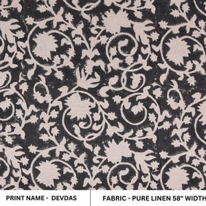 Block print pure linen fabric 58" Wide, Indian floral fabric, linen by yard, upholstery linen pillow covers - DEVDAS