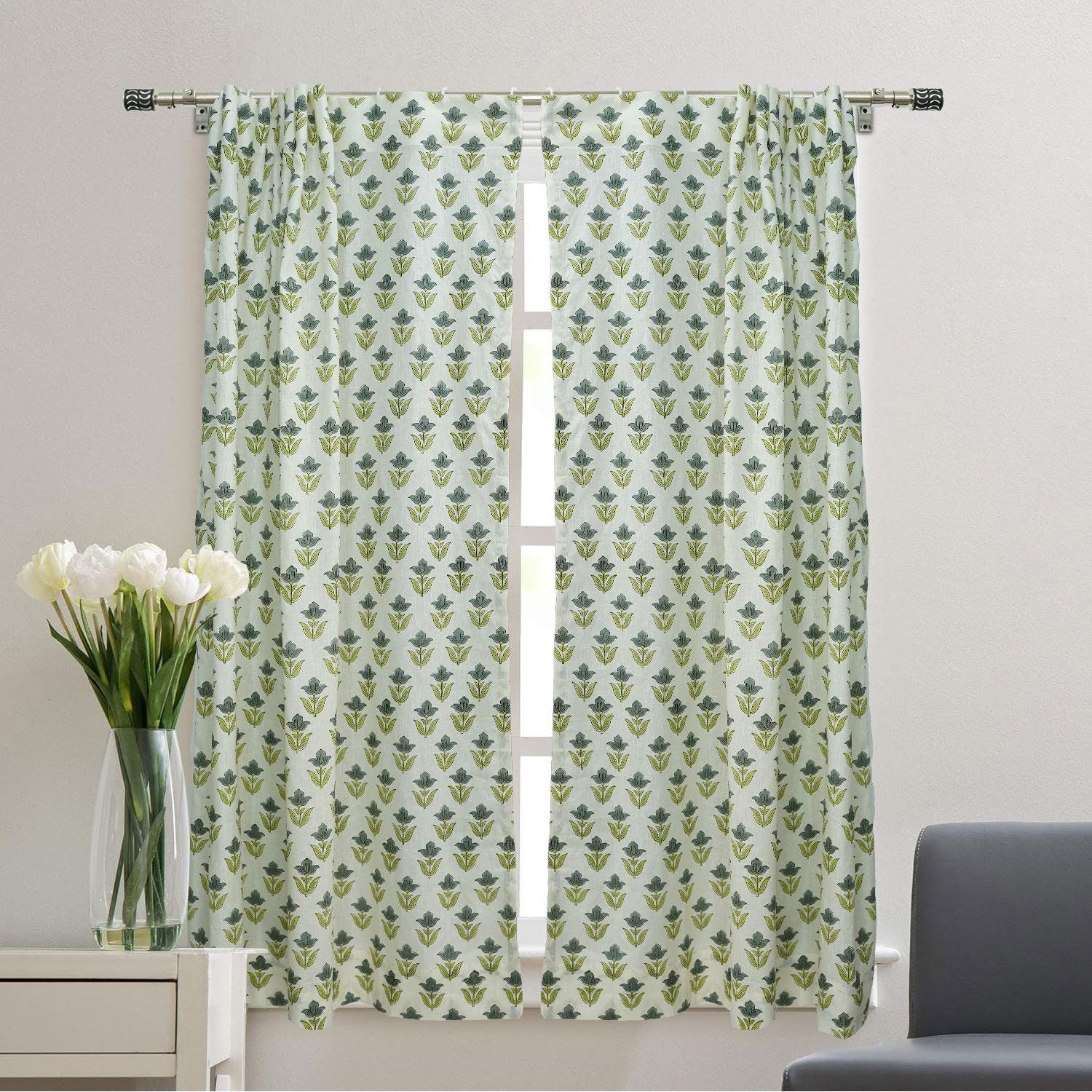 Printed window treatment and drapery viscose colored linen curtain, boho ring curtain panel, hand block print curtain, home decor - TULIP