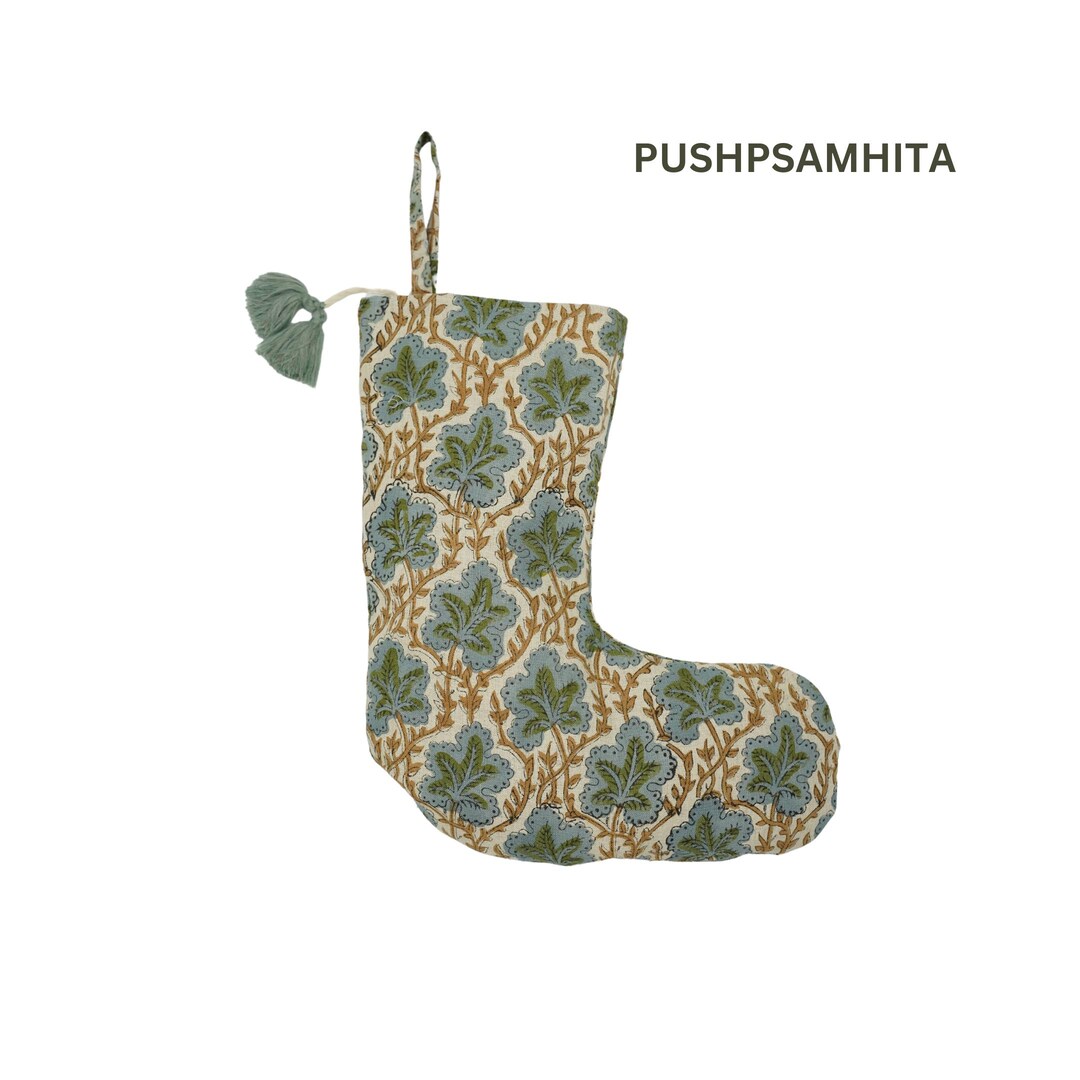 Pom Pom Floral Stocking, Linen Stocking, Farmhouse Holiday, Hand Block