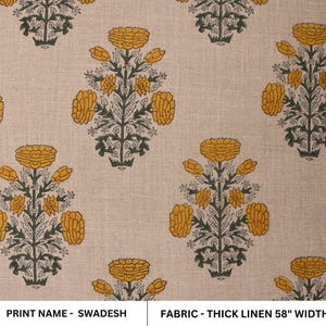 58" Wide Thick Linen Fabric | Indian Mustard Floral Hand Block Print Textile | Upholstery, Curtains, Sofa & Table Covers Home Decor- SWADESH