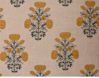 58" Wide Thick Linen Fabric | Indian Mustard Floral Hand Block Print Textile | Upholstery, Curtains, Sofa & Table Covers Home Decor- SWADESH