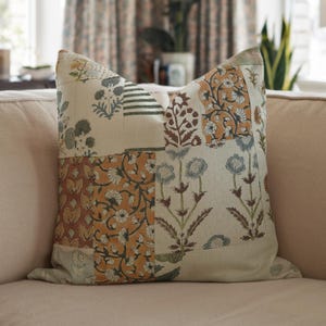 Linen patchwork hand block printed cushion cover, farmhouse cushion cover, pillow cover for living room, outdoor decor- FABRITUAL