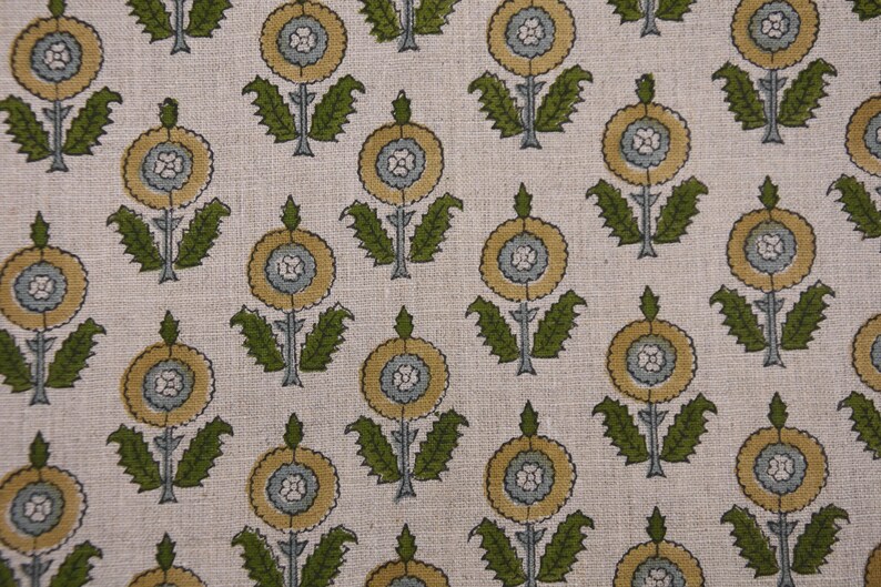 Linen Block Print Fabric 58 Inch Width Medium Weight Linen Natural Base With Unique  Color Curtains and Drapes Upholstery Tablecloths and Runners Bedding Tote Bag Lampshades Napkins by Fabritual