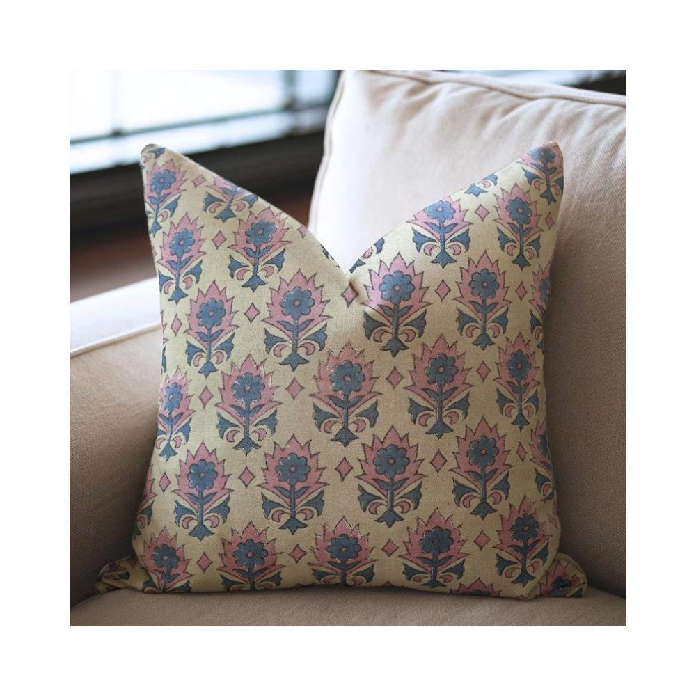 Hand block print pillow cover, decorative pillowcase, pure linen pink and blue floral handmade art, couch pillow cover - KUSUM