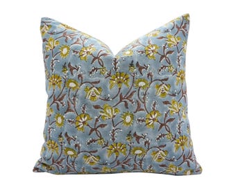 Handmade Throw Cushion Floral Block Print for Sofa or Chair Bohemian Cotton Cushion Cover Block Print Accent Pillow  - FAB-NAAYAB