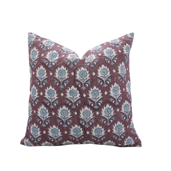 Accent Floral Block Printed Cushion Cover Handcrafted Linen Fabric Pillowcase Indian Ethnic Pillowcase For Home Decor  -  FAB-KUSUM