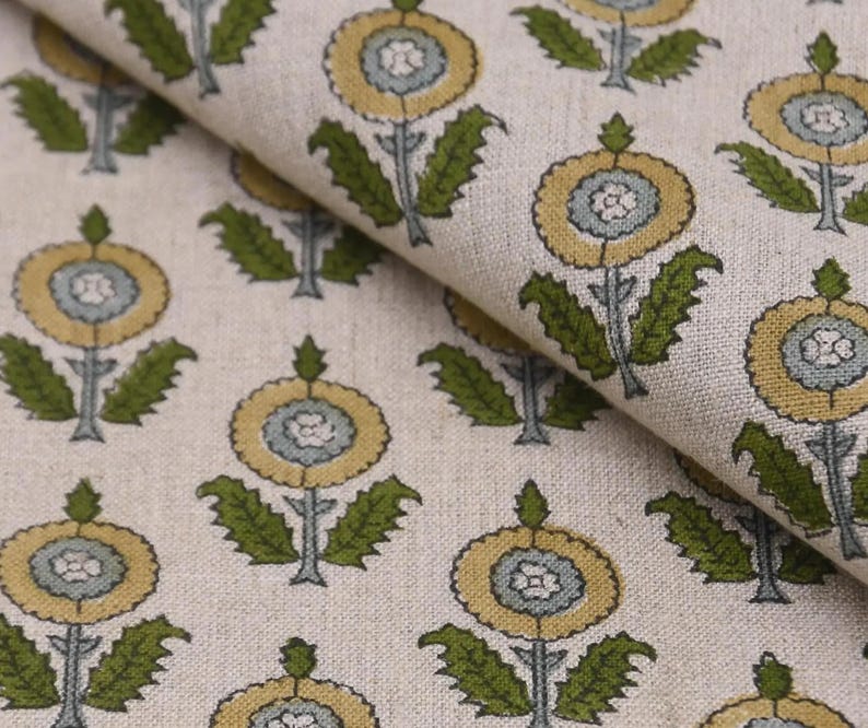 Linen Block Print Fabric 58 Inch Width Medium Weight Linen Natural Base With Unique  Color Curtains and Drapes Upholstery Pillow Covers Tablecloths and Runners Bedding Tote Bag Lampshades Napkins