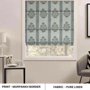 Floral Block Print Roman Blind, Block Print Room Roman Curtain, Linen Fabric Window Treatment, Decorative Shade - MORPANKH BORDER