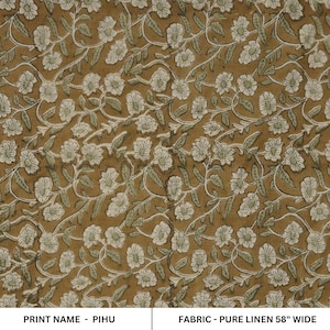 Blockprint Blumenstoff aus reinem Leinen, indisches Textil, Stoff für Vorhang und Kissenbezug, strapazierfähiger Leinenstoff für Polstercouch - PIHU
