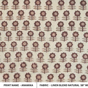 Natural Linen Blend Floral Hand Block Print Fabric, Versatile Textile for Tablecloths, Napkins, Curtains & Decorative Pillow Covers- ANAMIKA