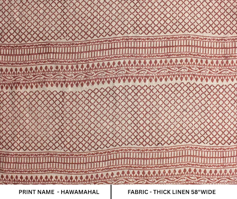 Linen Block Print Fabric 58 Inch Width Heavy Weight Linen Natural Base Color Curtains and Drapes Upholstery Handmade Art Pillow Covers Tablecloths and Runners Bedding Tote Bag Lampshades Napkins by Fabritual