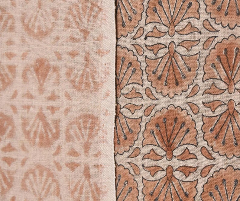 Linen Block Print Fabric 58 Inch Width Heavy Weight Linen Natural Base Color Curtains and Drapes Upholstery Handmade Art Pillow Covers Tablecloths and Runners Bedding Tote Bag Lampshades Napkins by Fabritual