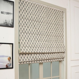 Custom Roman shade, Cotton linen hand block printed Floral Roman blind, fabric Window shades, Blackout and  White Plain Lining - GURUKUL