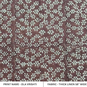 OLA-VRISHTI, Tessuto di lino stampato a blocchi color marrone cioccolato, tessuto tagliato su misura, Tessuto di cotone per cucire cuscini decorativi di design