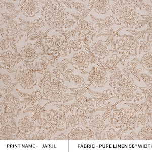 Tessuto di puro lino stampato a mano con tecnica block print, tagliato su misura, larghezza 58", tessuto floreale per tende, tappezzeria e decorazioni per la casa - Jarul