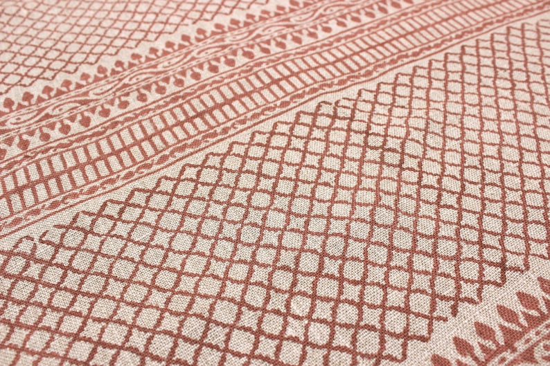 Linen Block Print Fabric 58 Inch Width Heavy Weight Linen Natural Base Color Curtains and Drapes Upholstery Handmade Art Pillow Covers Tablecloths and Runners Bedding Tote Bag Lampshades Napkins by Fabritual