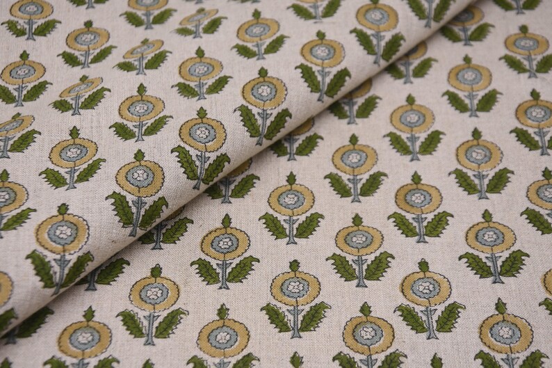 Linen Block Print Fabric 58 Inch Width Medium Weight Linen Natural Base With Unique  Color Upholstery Pillow Covers Tablecloths and Runners Bedding Tote Bag Lampshades Napkins by Fabritual