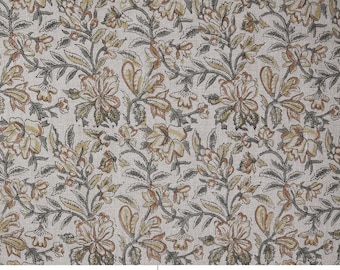 58" Wide Thick Linen Fabric | Beige Yellow Floral Block Print Textile | Curtain, Cushion Covers & Indian Home Decor Material - Qudrat