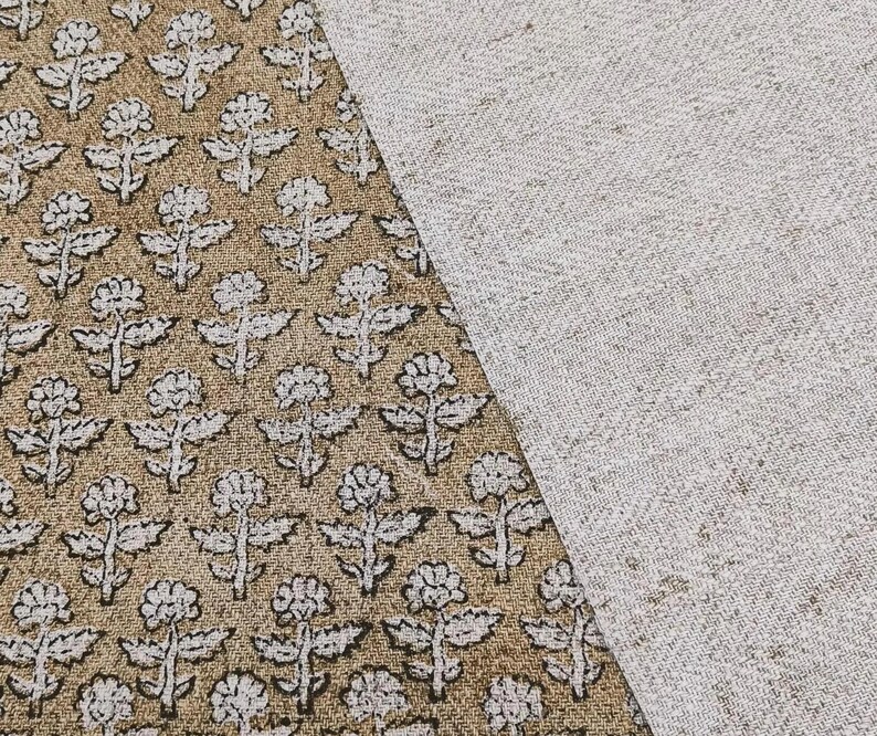 Linen Block Print Fabric 58 Inch Width Heavy Weight Linen Natural Base Color Curtains and Drapes Upholstery Handmade Art Pillow Covers Tablecloths and Runners Bedding Tote Bag Napkins by Fabritual