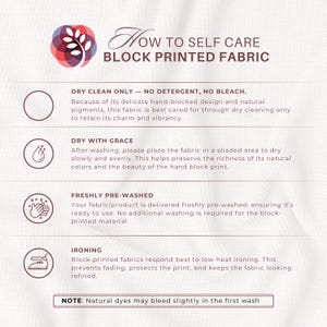 The image is a block printed fabric care guide that provides instructions on how to properly care for the fabric.