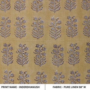 Floral hand block print, pure linen 58" wide natural fabric, linen fabric for pillows, linen window curtains - INDERDHANUSH