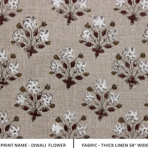 Tela de lino gruesa, la tela estampada más popular para decoración del hogar. Ideal para tapicería, fundas de cojín, almohadas y caminos de mesa - Flor de Diwali