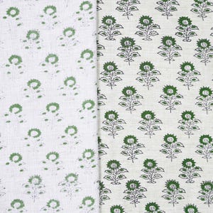 Indian handmade block print green pattern on durable natural linen blend fabric, styled for chair covers, table settings, and room drapes.