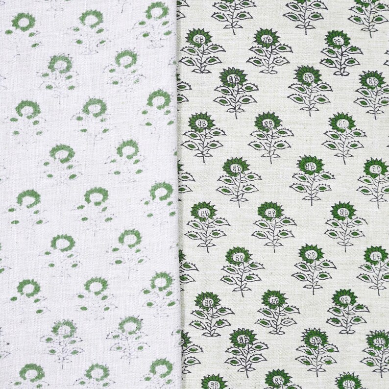 Indian handmade block print green pattern on durable natural linen blend fabric, styled for chair covers, table settings, and room drapes.