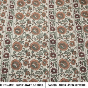 Handblokdruk zon bloemenrand dik linnen 58" brede Indiase handgemaakte print stof linnen tafelkleed en kussenhoes - ZONNEBLOEMRAND