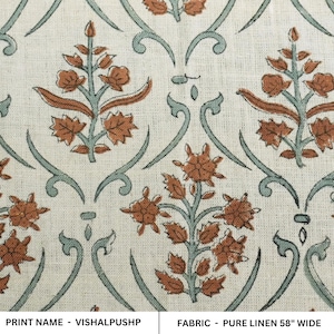 Block print floral pure linen fabric, handmade printed, linen for curtains and upholstery sofa and couch, bohemian decor - VISHALPUSHP